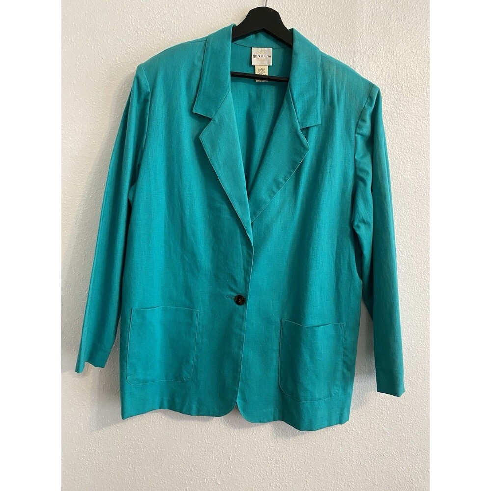 Bentley Women's L Blue Turquoise Colorful Linen Blazer, One Button F36